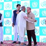 Prime Minister Muhammad Shehbaz Sharif distributing relief cheques among the victims of the recent torrential rains and floods in Buner