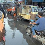 A view of sewerage water accumulated at Latifabad unit number 12 Road need the attention of concerned authorities