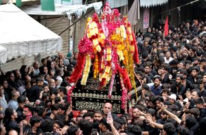 Mourners attending the Chehlum procession to commemorate the martyrdom of Hazrat Imam Hussain (RA), the grandson of Holy Prophet Muhammad (PBUH).