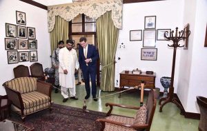 Sindh Governor Kamran Khan Tessori and newly appointed German Consul General Thomas E. Schultze take keen interest in the personal belongings of Quaid-e-Azam Muhammad Ali Jinnah at the Quaid Room during his visit to the Governor House.