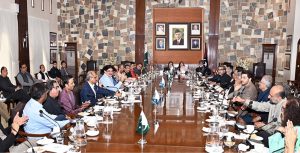 Sindh Chief Minister Syed Murad Ali Shah meets with representatives from media, civil society, showbiz, sports, journalists, and national athletes to discuss the upcoming Independence Day celebrations with the theme of Marqa-e-Haq