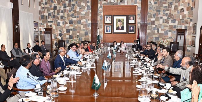 Sindh Chief Minister Syed Murad Ali Shah meets with representatives from media, civil society, showbiz, sports, journalists, and national athletes to discuss the upcoming Independence Day celebrations with the theme of Marqa-e-Haq