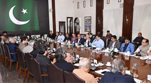 Sindh Chief Minister Syed Murad Ali Shah meets with representatives from media, civil society, showbiz, sports, journalists, and national athletes to discuss the upcoming Independence Day celebrations with the theme of Marqa-e-Haq