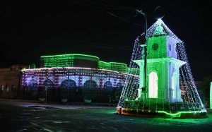 Clock Chowk Courthouse illuminated with green and white lights, a beautiful display by the district administration ahead of Independence Day celebrations.