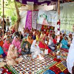 Chairman Pakistan Peoples Party Bilawal Bhutto Zardari addressing women flood affectees during the land titles distribution ceremony under the Sindh People’s Housing for Flood Affectees project at Rahoja village near Ratodero.