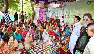Chairman Pakistan Peoples Party Bilawal Bhutto Zardari addressing women flood affectees during the land titles distribution ceremony under the Sindh People’s Housing for Flood Affectees project at Rahoja village near Ratodero.