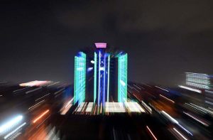 A residential building decorated with colorful lights in connection with the Rabi-ul-Awal celebrations.