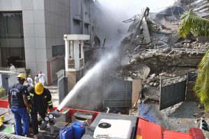 Firefighters struggling to get control on a massive blaze engulfed a garment factory at the Karachi Export Processing Zone (KEPZ) near Landhi