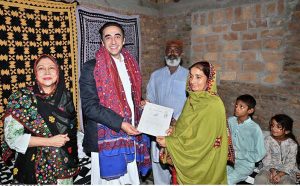 Chairman Pakistan Peoples Party Bilawal Bhutto Zardari addressing women flood affectees during the land titles distribution ceremony under the Sindh People’s Housing for Flood Affectees project at Rahoja village near Ratodero.