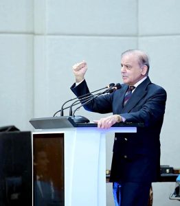 Prime Minister Muhammad Shehbaz Sharif addresses the launching ceremony of the New Energy Vehicles Policy.