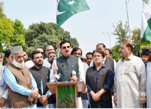 "Governor KP Faisal Kareem Kundi leads a rally in front of the Governor House to mark Youm-e-Istehsal Kashmir, condemning India’s illegal and unilateral actions of August 5, 2019.