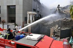 Firefighters struggling to get control on a massive blaze engulfed a garment factory at the Karachi Export Processing Zone (KEPZ) near Landhi