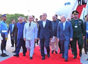 Prime Minister Muhammad Shehbaz Sharif receives Dr. Seyed Ebrahim Raisi, President of the Islamic Republic of Iran, upon his arrival in Islamabad for a two-day official visit to Pakistan