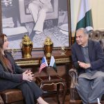 Federal Minister for Interior Mohsin Naqvi in a meeting with Acting U.S Ambassador Natalie Baker in federal capital.