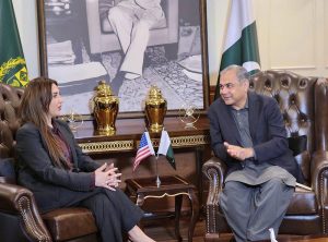 Federal Minister for Interior Mohsin Naqvi in a meeting with Acting U.S Ambassador Natalie Baker in federal capital.
