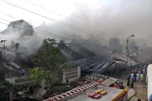 A view of collapsed garment factory building due to get intensive fire at the Karachi Export Processing Zone (KEPZ) near Landhi