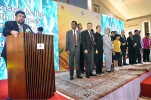 Sindh Governor Kamran Khan Tessori addresses the audience during a mango festival hosted by the Ministry of Foreign Affairs at a local hotel
