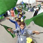 Madrassa students take part in a rally organized by the Barkati Foundation on M.A. Jinnah Road in connection with Eid Milad-un-Nabi celebrations