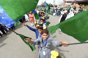 Madrassa students take part in a rally organized by the Barkati Foundation on M.A. Jinnah Road in connection with Eid Milad-un-Nabi celebrations
