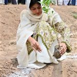 A woman plants sapling during Independence Day ceremony at Child Protection Bureau office