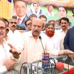 President Pakistan Peoples Party Sindh, MPA Nisar Ahmed Khuhro, speaks to journalists after the executive committee meeting of PPP Larkana Division at Dastgir Manzil, Bangal Dero