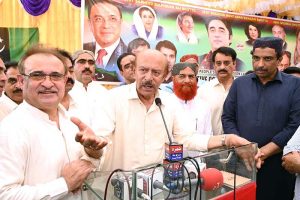 President Pakistan Peoples Party Sindh, MPA Nisar Ahmed Khuhro, speaks to journalists after the executive committee meeting of PPP Larkana Division at Dastgir Manzil, Bangal Dero