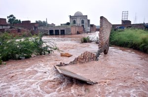 Floodwater from River Ravi is passing through Lahore’s Talat Park Bhadro Pind and submerged the residential area.