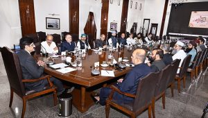 Sindh Chief Minister Syed Murad Ali Shah presides over a meeting with representatives from various political parties to discuss the upcoming Independence Day celebrations at CM House.