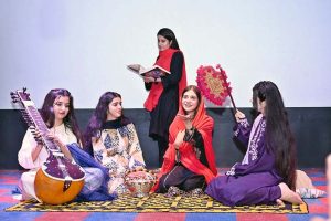 Students perform a tableau during the Latif Day function at Chandka Institute of Nursing & Allied Health Sciences