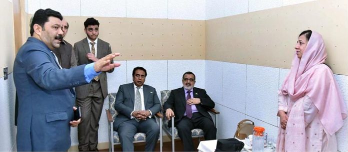 Managing Director Pakistan Bait-ul-Mal (PBM) Senator Capt. Shaheen Khalid Butt along with Managing Director Overseas Pakistanis Foundation (OPF), Mohammed Afzaal Bhatti, taking a briefing about the e-learning system to introduce in the PBM's Schools across the country during his visit to OPF Girls College