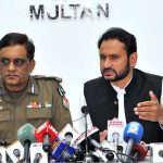 Deputy Commissioner Waseem Hamid Sindhu briefs the media on the district’s response to the ongoing flood situation during a press conference at his office