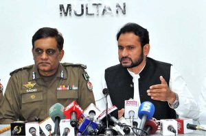 Deputy Commissioner Waseem Hamid Sindhu briefs the media on the district’s response to the ongoing flood situation during a press conference at his office