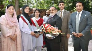 Managing Director Pakistan Bait-ul-Mal (PBM) Senator Capt. Shaheen Khalid Butt along with Managing Director Overseas Pakistanis Foundation (OPF), Mohammed Afzaal Bhatti, taking a briefing about the e-learning system to introduce in the PBM's Schools across the country during his visit to OPF Girls College