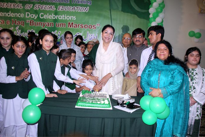 Minister of State, M/o FE&PT Ms. Wajiha Qamar, Directorate general of Special Education is attending the cake-cutting ceremony in celebration of Marka-e-Haq and Independence Day of Pakistan at NISE H-8/4