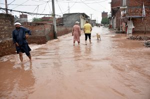 Floodwater from River Ravi is passing through Lahore’s Talat Park Bhadro Pind and submerged the residential area.