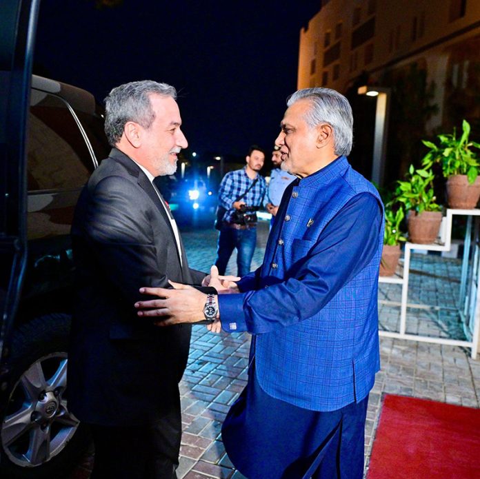 Deputy Prime Minister and Foreign Minister, Senator Mohammad Ishaq Dar, receives Iranian Foreign Minister, Seyyed Abbas Araghchi, at Ministry of Foreign Affairs
