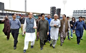 Provincial Ministers Saeed Ghani along with Syed Zulfiqar Ali Shah and President Arts Council Karachi Ahmed Shah viewing the Arrangement during Visiting Site of Mega musical concert to be held on August 13 at the National Stadium Karachi in connection with the 78th Independence Day Marka-e-Haq celebration.