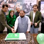 Federal Minister for National Heritage, Aurangzeb Khan Khichi and Parliamentary Secretary for Education, Heritage, and Culture, Ms. Farah Naz Akbar attending the cake-cutting ceremony in celebration of Marka-e-Haq and Independence Day of Pakistan at Lok Virsa