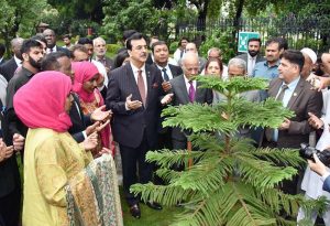 Chairman Senate, Syed Yousaf Raza Gilani planting a sapling at OIC-COMSTECH lawn after addressing the "Ethio-Pakistan green dialogue-lessons from Ethiopia green legacy.