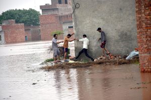 Floodwater from River Ravi is passing through Lahore’s Talat Park Bhadro Pind and submerged the residential area.