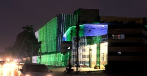 An illuminated view of the Dawood University of Engineering &Technology building decorated with colorful lights in connection with the Independence Day celebrations.