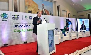 Federal Minister for Finance Senator Muhammad Aurangzeb addressing the Consultative Workshop “ Unlocking Capital Market Potential for Banks” organized by Pakistan Banks Association (PBA) at local hotel.
