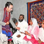 Chairman Pakistan People’s Party, Bilawal Bhutto Zardari distributes documents to flood affectees during his visit for Land titles distribution under construction of Sindh People’s Housing for Flood Affectees at New Tharo Wadho village in Mirokhan.