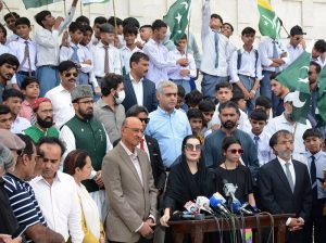 Mushaal Mullick, wife of Kashmiri Huriat leader Yasin Malik talking to media persons at Mazar-e-Quaid on the occasion of Youm-e-Istehsal to mark the sixth anniversary of India’s illegal actions of August 5, 2019, in Indian Illegally Occupied Jammu and Kashmir (IIOJK).