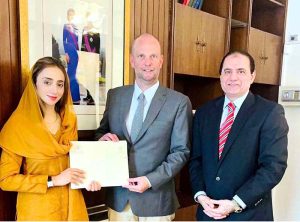 Advisor to Chairman Senate, Misbah Khar accompanied by senior director general protocol Tariq Bin Waheed presenting formal invitation to Mr. Charles-Idesbald Van Der Gracht De Rommerswael, Ambassador of Belgium to Pakistan for the participation of parliamentary delegation of Belgium in upcoming inter-parliamentary speakers' conference (ISC) to be held in islamabad from 11-12 november 2025.