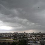 With camera eye captured nimbostratus clouds hovering over the sky, indicating upcoming heavy rain in the provincial capital
