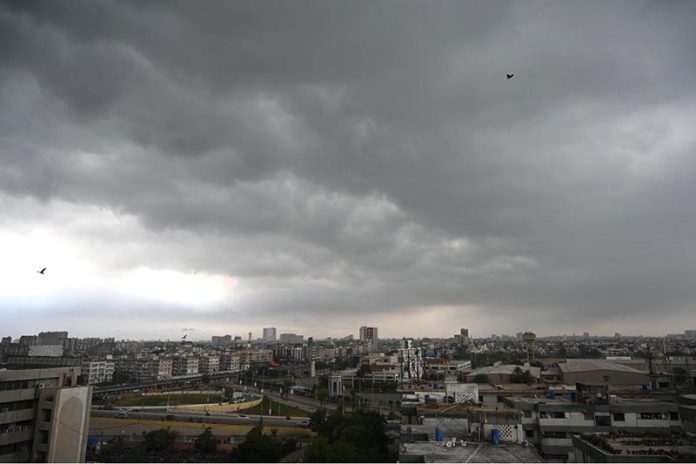 With camera eye captured nimbostratus clouds hovering over the sky, indicating upcoming heavy rain in the provincial capital