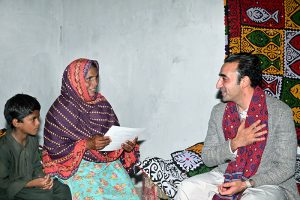 Chairman Pakistan People’s Party, Bilawal Bhutto Zardari distributes documents to flood affectees during his visit for Land titles distribution under construction of Sindh People’s Housing for Flood Affectees at New Tharo Wadho village in Mirokhan.