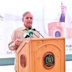 Prime Minister Muhammad Shehbaz Sharif addresses a cheque distribution ceremony for flood affectees in Gilgit Balitistan.