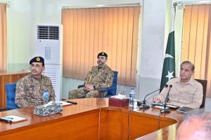 Prime Minister Muhammad Shehbaz Sharif, Cabinet Ministers, Field Marshal Syed Asim Munir NI(M) HJ and senior officials receiving a briefing about the damages during the recent torrential rains and floods in Khyber Pakhtunkhwa and ongoing relief activities in Buner